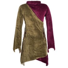 Vishes Asymmetrisches Lagenlook Samtkleid zum Schnüren mit Zipfeln und langen Ärmeln olive-dunkelrot 42