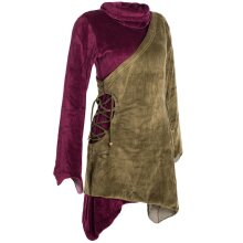 Vishes Asymmetrisches Lagenlook Samtkleid zum Schnüren mit Zipfeln und langen Ärmeln olive-dunkelrot 42