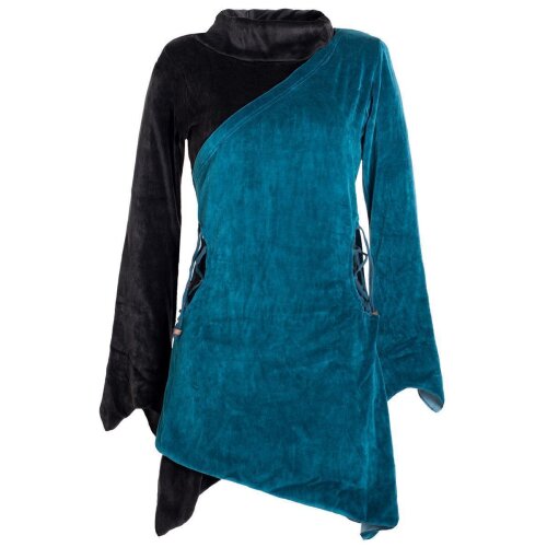 Vishes Asymmetrisches Lagenlook Samtkleid zum Schnüren mit Zipfeln und langen Ärmeln türkis-schwarz 44