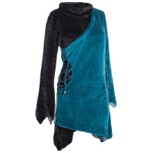 Vishes Asymmetrisches Lagenlook Samtkleid zum Schnüren mit Zipfeln und langen Ärmeln türkis-schwarz 44