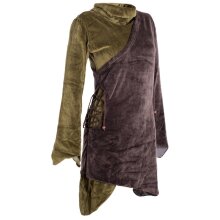 Vishes Asymmetrisches Lagenlook Samtkleid zum Schnüren mit Zipfeln und langen Ärmeln braun-olive 42