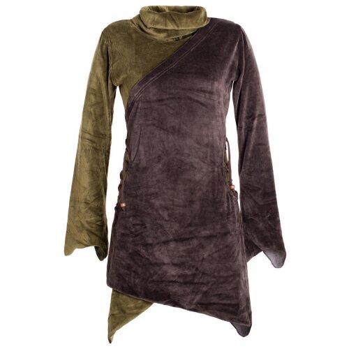 Vishes Asymmetrisches Lagenlook Samtkleid zum Schnüren mit Zipfeln und langen Ärmeln braun-olive 48-50