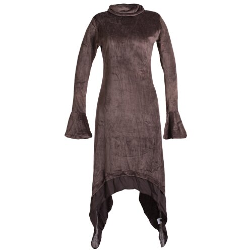 Vishes Extra langes Zipfelkleid aus Samt mit Rüschen an den Ärmeln im Lagenlook braun 40