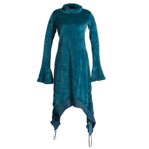 Vishes Extra langes Zipfelkleid aus Samt mit Rüschen an den Ärmeln im Lagenlook türkis 42/44
