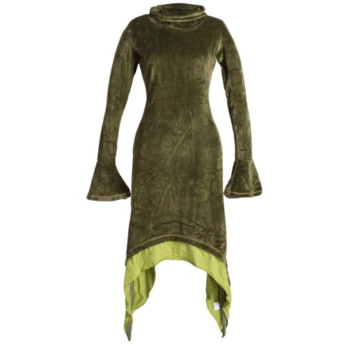 Vishes Extra langes Zipfelkleid aus Samt mit Rüschen an den Ärmeln im Lagenlook olive 42/44