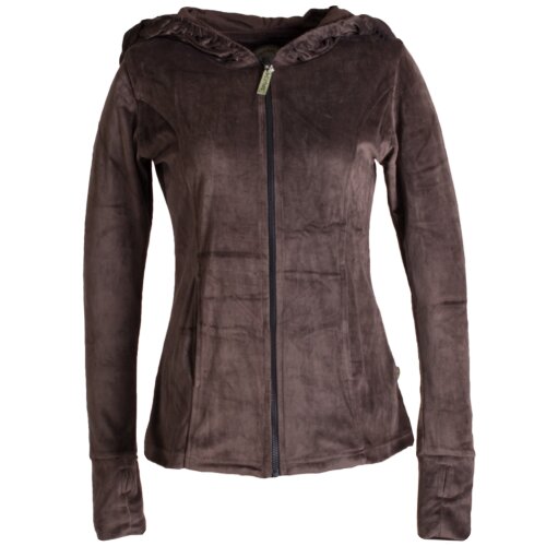Vishes Samtjacke mit extra großer geraffter Cape Kapuze, Daumenlöchern und Reißverschluss braun 46/48