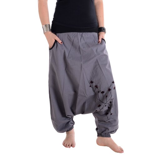 Vishes Baumwoll Haremshose mit Blumenstickerei und Taschen grau 44