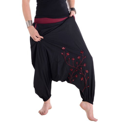 Vishes Baumwoll Haremshose mit Blumenstickerei und Taschen schwarz 38
