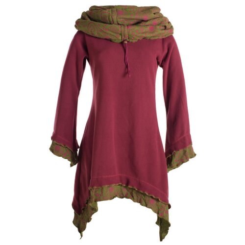 Vishes Lagenlook Zipfelkleid aus Eco Fleece mit langen Ärmeln und großem Kapuzenschalkragen dunkelrot 52