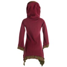 Vishes Lagenlook Zipfelkleid aus Eco Fleece mit langen Ärmeln und großem Kapuzenschalkragen dunkelrot 52