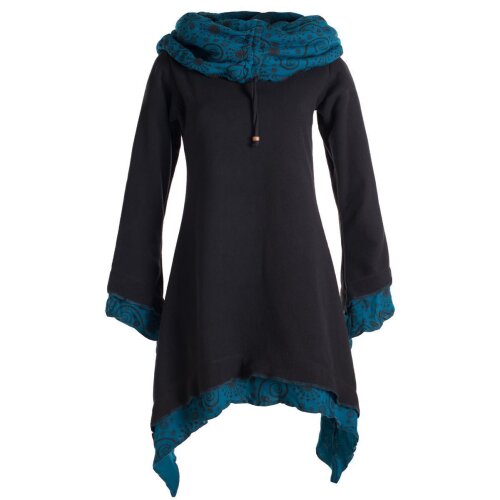 Vishes Lagenlook Zipfelkleid aus Eco Fleece mit langen Ärmeln und großem Kapuzenschalkragen schwarz 36