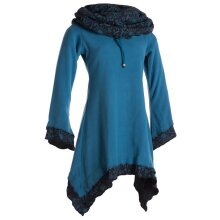 Vishes Lagenlook Zipfelkleid aus Eco Fleece mit langen Ärmeln und großem Kapuzenschalkragen türkis 36