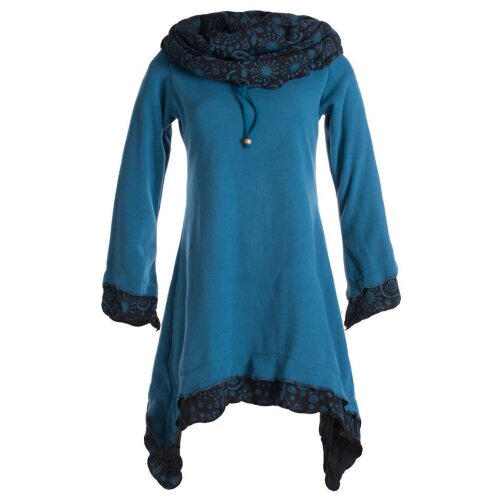 Vishes Lagenlook Zipfelkleid aus Eco Fleece mit langen Ärmeln und großem Kapuzenschalkragen türkis 44