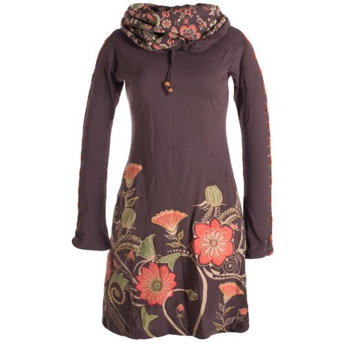 Vishes Langärmliges Blumenkleid aus Baumwolle mit Kapuzenschalkragen braun 46