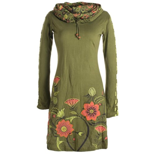 Vishes Langärmliges Blumenkleid aus Baumwolle mit Kapuzenschalkragen olive 42