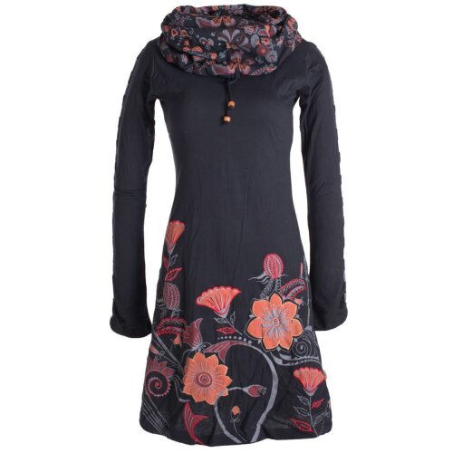 Vishes Langärmliges Blumenkleid aus Baumwolle mit Kapuzenschalkragen schwarz 48