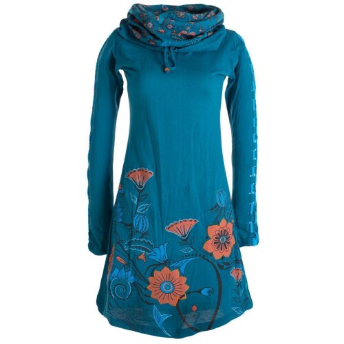 Vishes Langärmliges Blumenkleid aus Baumwolle mit Kapuzenschalkragen türkis 40