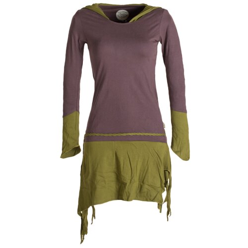 Vishes Zweifarbiges, asymmetrisches, langarm Zipfel Elfenkleid im Lagenlook aus Biobaumwolle braun-olive 32