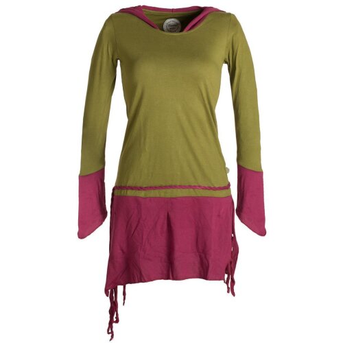Vishes Zweifarbiges, asymmetrisches, langarm Zipfel Elfenkleid im Lagenlook aus Biobaumwolle olive-dunkelrot 32