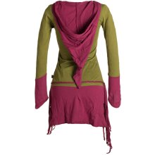 Vishes Zweifarbiges, asymmetrisches, langarm Zipfel Elfenkleid im Lagenlook aus Biobaumwolle olive-dunkelrot 32