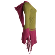 Vishes Zweifarbiges, asymmetrisches, langarm Zipfel Elfenkleid im Lagenlook aus Biobaumwolle olive-dunkelrot 32