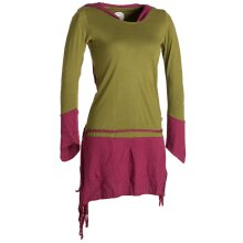 Vishes Zweifarbiges, asymmetrisches, langarm Zipfel Elfenkleid im Lagenlook aus Biobaumwolle olive-dunkelrot 32