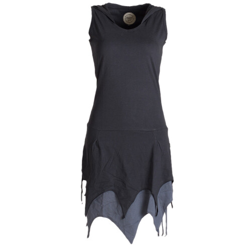 Vishes Ärmelloses Elfenkleid im Lagenlook mit Zipfeln und Zipfelkapuze aus Biobaumwolle schwarz 36-38