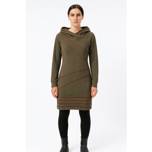 Vishes Langärmliges Patchwork Hoodie Eco Fleecekleid mit Daumenlöchern
