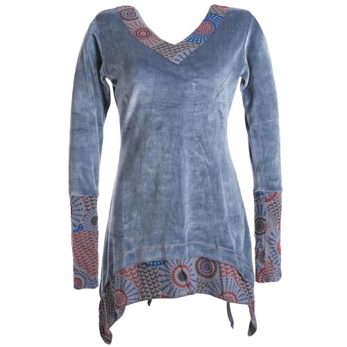 Vishes Lagenlook Samttunika zum Schnüren - mit V-Ausschnitt und Zipfeln grau 42