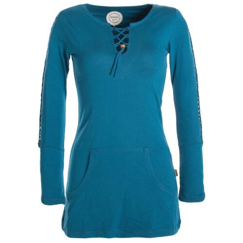 Vishes Langärmlige, einfarbige Tunika aus Biobaumwolle mit Schürung und Kängurutaschen türkis 34