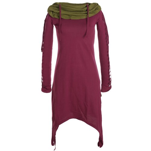 Vishes Zweifarbiges langarm Elfen Zipfelkleid aus Biobaumwolle mit Schalkragen dunkelrot 36-38