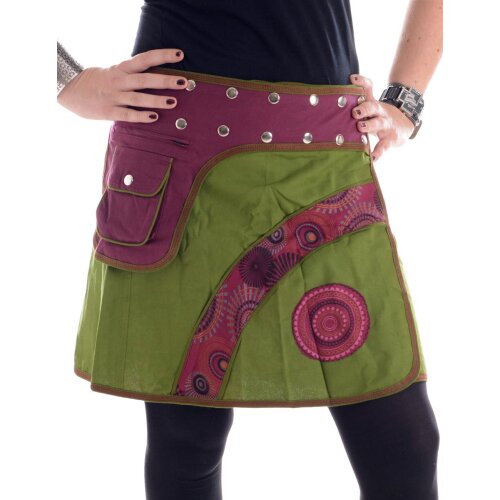 Vishes Größenverstellbarer Patchwork Wickel Mini Rock aus Baumwolle mit Tasche dunkelrot