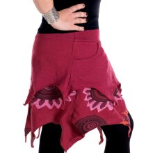 Vishes Lagenlook Zipfel Minirock aus Baumwolle bedruckt mit Blumen und Kreisen dunkelrot 48