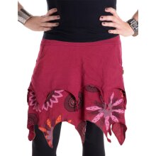 Vishes Lagenlook Zipfel Minirock aus Baumwolle bedruckt mit Blumen und Kreisen dunkelrot 48