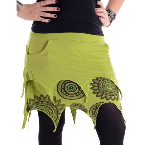 Vishes Lagenlook Zipfel Minirock aus Baumwolle bedruckt mit Blumen und Kreisen hellgrün 50