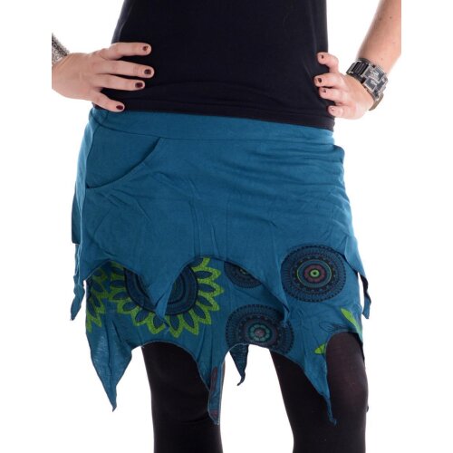 Vishes Lagenlook Zipfel Minirock aus Baumwolle bedruckt mit Blumen und Kreisen türkis 42-44