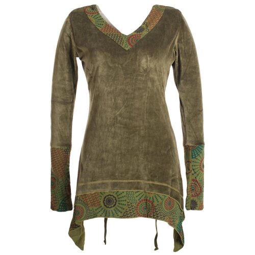Vishes Lagenlook Samttunika zum Schnüren - mit V-Ausschnitt und Zipfeln olive 44