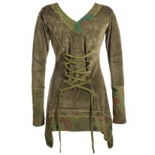 Vishes Lagenlook Samttunika zum Schnüren - mit V-Ausschnitt und Zipfeln olive 44