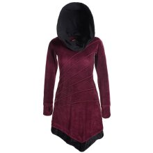 Vishes Langärmliges asymmetrisches patchwork Samtkleid mit großem Schalkragen dunkelrot 42