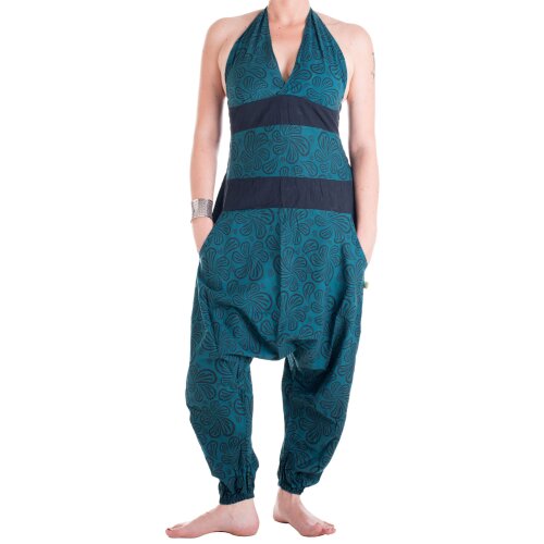 Vishes Damen Hippie Latzhose Overall Haremshose Neckholder aus Baumwolle mit Blümchen Türkis 36
