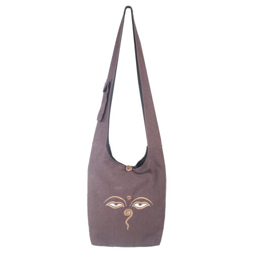 Vishes Umhängetasche aus handgewebter Baumwolle mit Eyes of Buddha Stickerei braun