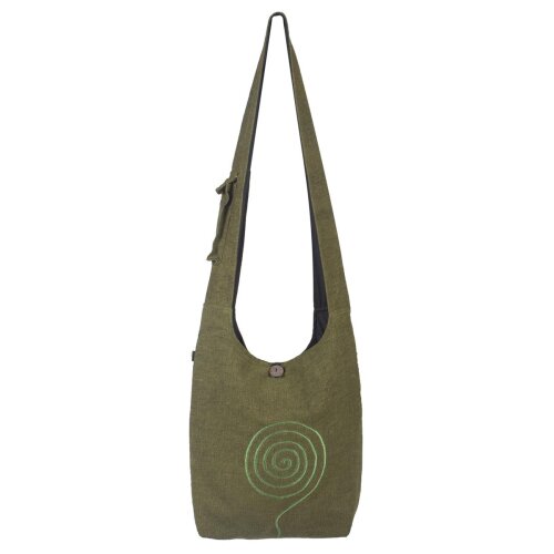 Umhängetasche aus handgewebter Baumwolle mit aufgestickter Spirale olive