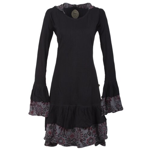 Vishes Lagenlook Langarm Elfenkleid mit Zipfelkapuze und Rüschen schwarz 40