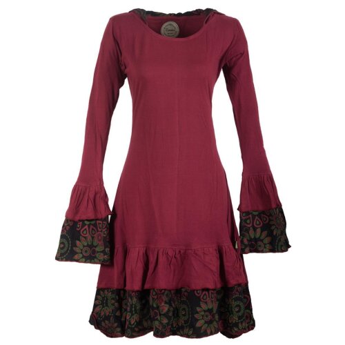 Vishes Lagenlook Langarm Elfenkleid mit Zipfelkapuze und Rüschen dunkelrot 38