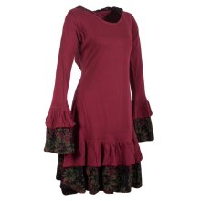 Vishes Lagenlook Langarm Elfenkleid mit Zipfelkapuze und Rüschen dunkelrot 40