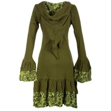 Vishes Lagenlook Langarm Elfenkleid mit Zipfelkapuze und Rüschen olivegrün 42