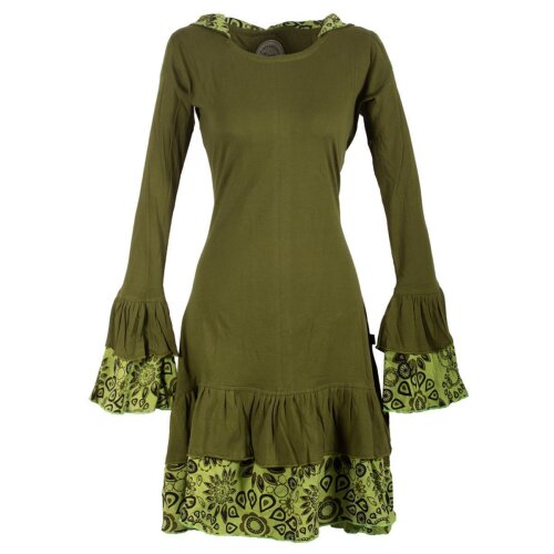 Vishes Lagenlook Langarm Elfenkleid mit Zipfelkapuze und Rüschen olivegrün 48/50