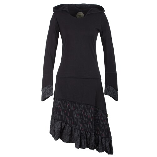 Vishes Lagenlook Langarm Patchwork Elfenkleid mit Zipfelkapuze und Rüschen schwarz 40