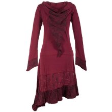 Vishes Lagenlook Langarm Patchwork Elfenkleid mit Zipfelkapuze und Rüschen dunkelrot 48