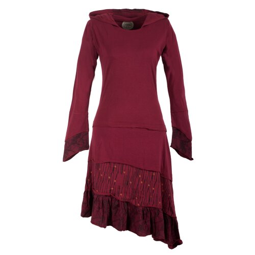 Vishes Lagenlook Langarm Patchwork Elfenkleid mit Zipfelkapuze und Rüschen dunkelrot 50